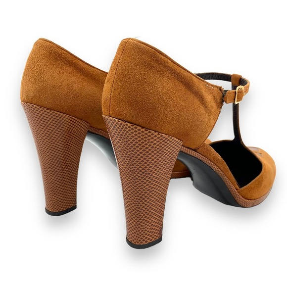 1970's CHARLES JOURDAN Paris suede and snakeskin T-strap high heel shoes - Picture 5 of 15